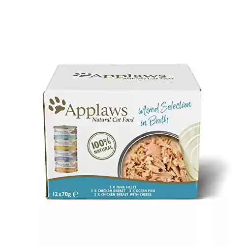 12 latas de 70g de comida húmeda 100% Natural de Applaws para gatos adultos - Selección Mixta de Atún, Pechuga de Pollo y Pescado de Océano en caldo