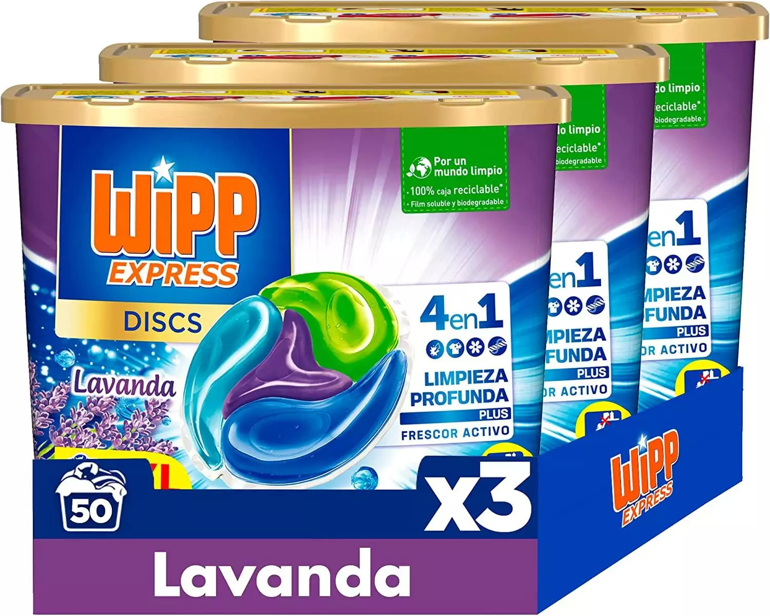 150 cápsulas Wipp Express DISCS 4 en 1 Lavanda detergente lavadora