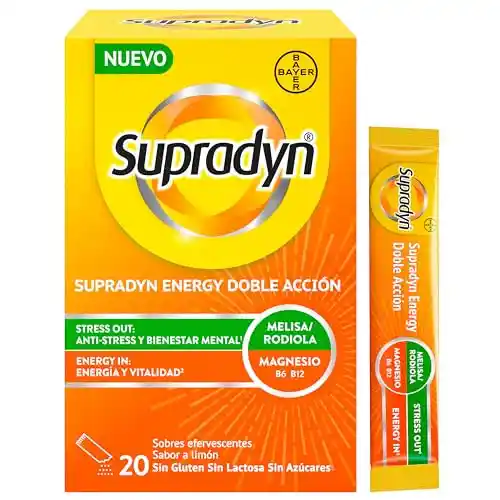 20 Sobres Supradyn Energy Stress Out Limón - Multivitamínico con Magnesio, Vitaminas B6, B12, Ácido Fólico, Rhodiola y Melisa