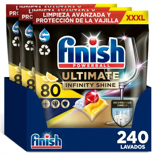 240 pastillas Finish Powerball Ultimate Infinity Shine Limón para lavavajillas - a 0,13€ el lavado