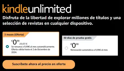 3 meses Kindle Unlimited para Amazon Prime por 0,99€ (PVP 29,97€)