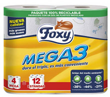 3 paquetes de 4 rollos XXL cada uno de papel higiénico Foxy MEGA3