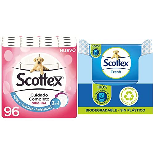 96 Rollos Scottex Original Papel Higiénico + 12 packs Scottex Fresh Papel  Higiénico Húmedo (456 unidades)