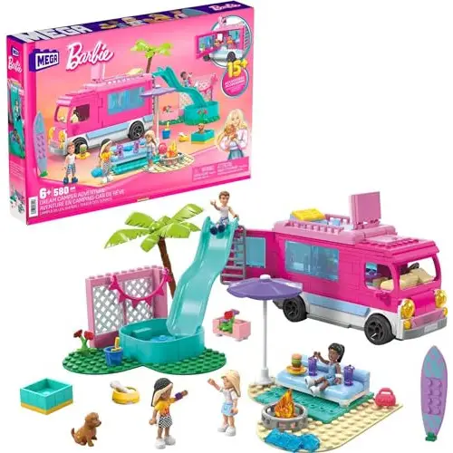 Barbie Mega Construx Aventuras en la Autocaravana con Bloques de construcción, Mini muñecas y Accesorios