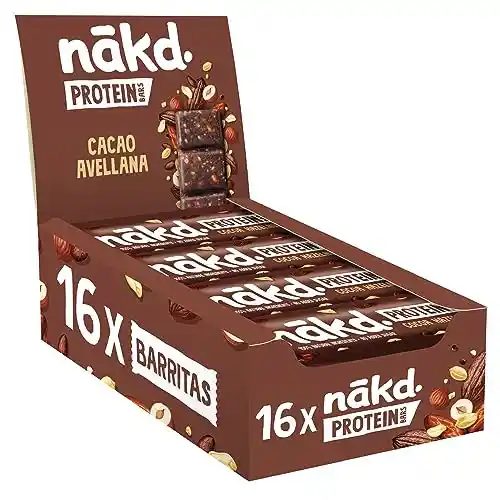 Barritas de proteína 16 x 45g Nakd Cacao Avellana (7g de Proteína origen Vegetal por unidad)