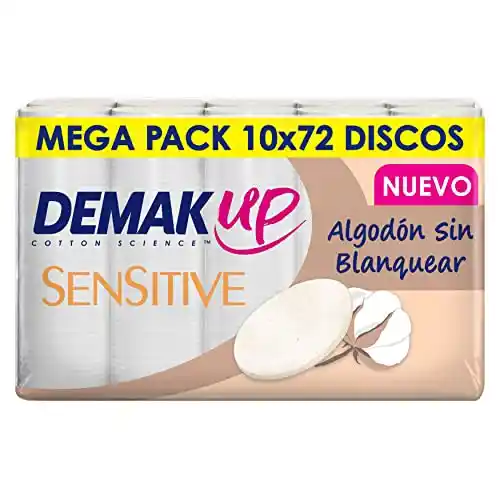 Demak'Up Sensitive 10x72 - Discos de algodón desmaquillantes Redondos - Fibra de algodón natural sin blanquear - 720 Discos de algodón