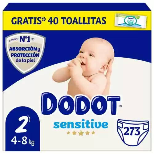 Dodot Pañales Bebé Sensitive Talla 2 (4-8 kg), 273 Pañales + 1 Pack de 40 Toallitas Gratis Aqua Plastic Free