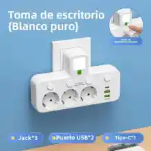 Enchufe De Pared con 3 tomas y 3x USB (interruptores independientes)
