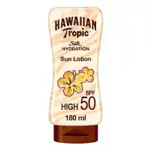 Hawaiian Tropic Silk Hydration Protective - Loción Solar Protectora con cintas de seda hidratantes y resistente al agua, Protección Alta, SPF 50, 180 ml