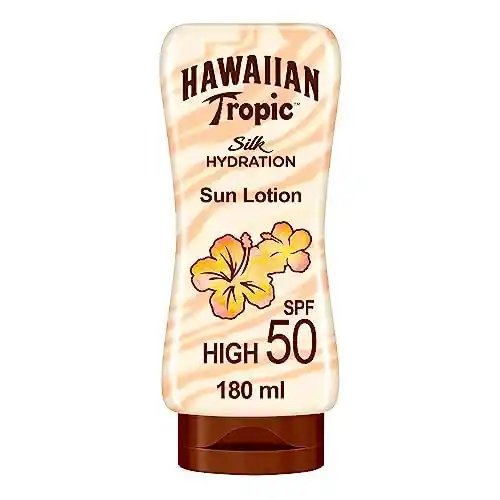 Hawaiian Tropic Silk Hydration Protective - Loción Solar Protectora con cintas de seda hidratantes y resistente al agua, Protección Alta, SPF 50, 180 ml