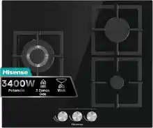 Hisense GG633B - Placa de Gas Natural, 3 Zonas, 60 cm