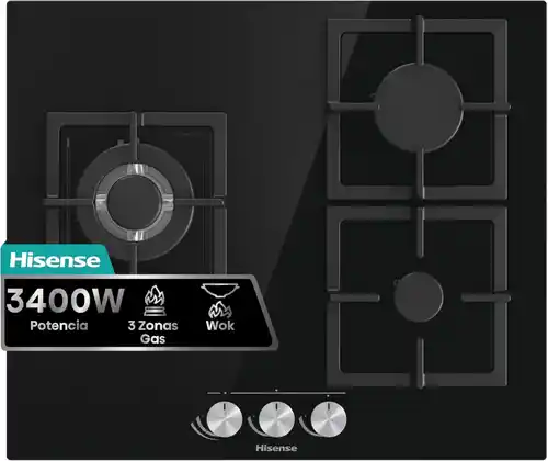 Hisense GG633B - Placa de Gas Natural, 3 Zonas, 60 cm