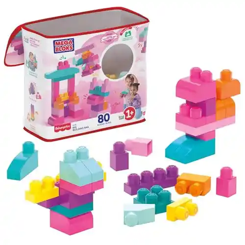 Juego de construcciones 80 piezas con bolsa ecológica rosa Mega Bloks