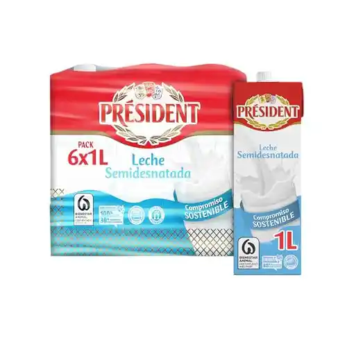 Leche Président semidesnatada brik 1L – Pack de 6 envases