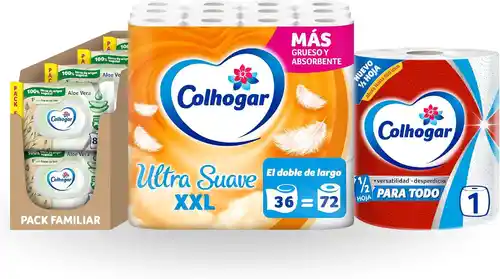 Lote Colhogar: Papel Cocina Paratodo Jumbo 1 rollo + Papel Higiénico Ultra Suave XXL 36 rollos + Toallitas Húmedas Aloe 8x80
