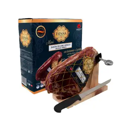 Mini Jamón de Cebo Ibérico 50% Raza Ibérica + Mini Jamonero + Cuchillo 1 kg