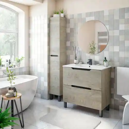 Mueble de baño LEA con lavabo (80x45cm) acabado roble y 2 cajones