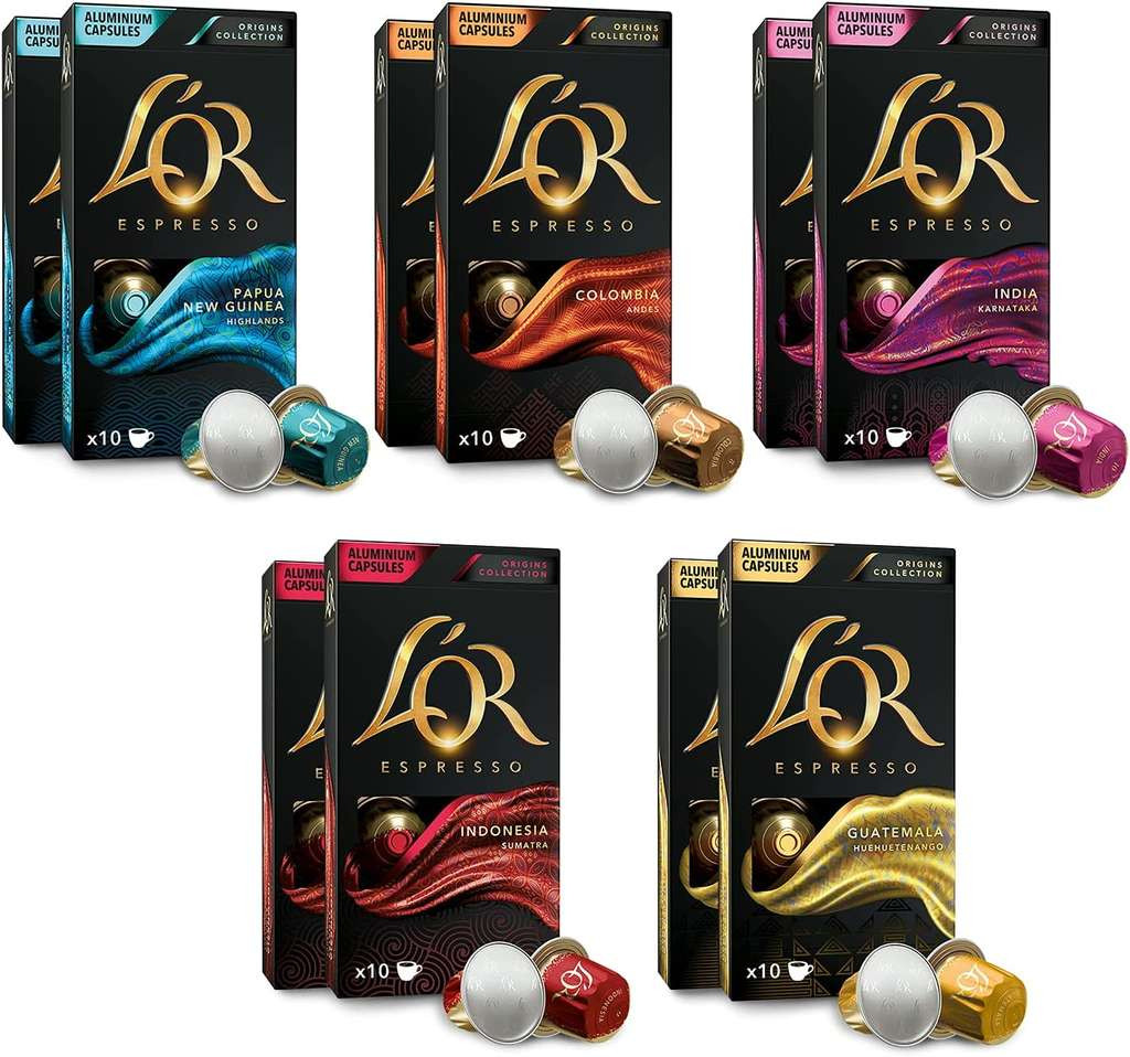 Pack 100 Cápsulas de Aluminio L’OR Origins Espresso Coffee Bundle - Compatibles con Máquinas Nespresso