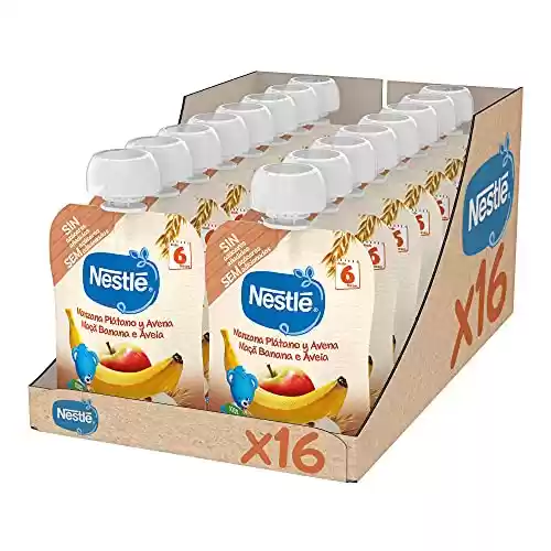 Pack 16 bolsitas Bolsita de puré de frutas y cereales, variedad Manzana Plátano y Avena Nestlé - Para bebés a partir de 6 meses