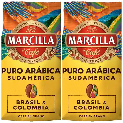 Pack 2x400g Café Grano Puro Arábica Marcilla Brasil & Colombia