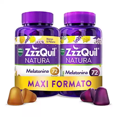 Pack 2x72 Pastillas Para Dormir de Melatonina pura y Extractos de Valeriana, Camomila y Lavanda, Sabor Mango, Plátano y Frutos del bosque