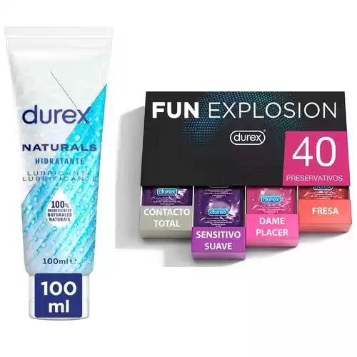 Pack 40 Preservativos + Lubricante Naturals Hidratante 100ml, Durex Fun Explosion