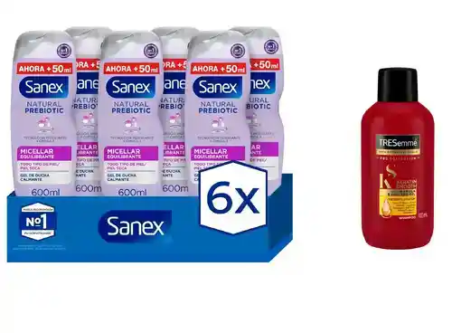 Pack 6x600ml Gel de Ducha Sanex Micellar + Champú Tresemmé Keratin 100ml