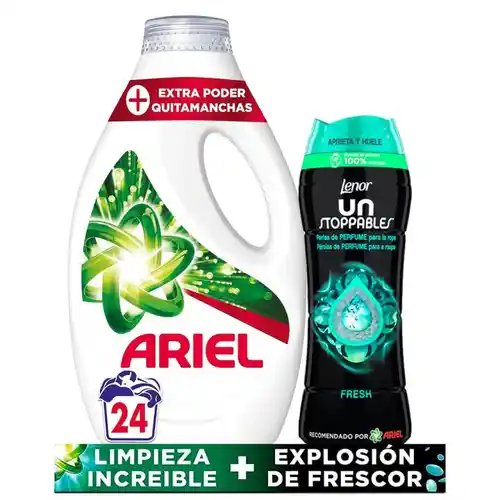 Pack Ariel Detergente Líquido Para Lavadora 24 lavados + Perlas de perfume Lenor Unstoppables 210g