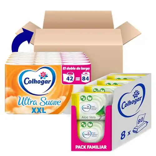 Pack Colhogar 42x rollos de papel higiénico ultra suave XXL + 640x Toallitas Aloe Vera