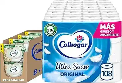 Pack Colhogar Ultra Suave 108 Rollos papel higiénico + Toallitas Húmedas Aloe 640 Uds