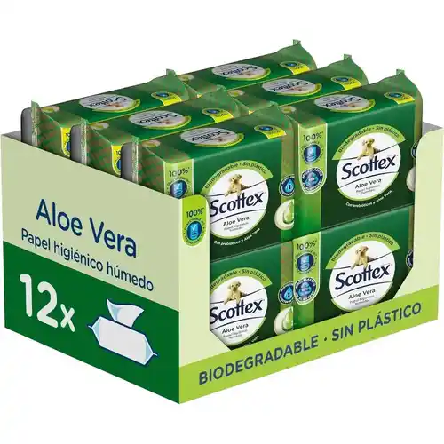 Pack de 12x66 Papel Higiénico Húmedo Scottex Aloe Vera (792 toallitas)