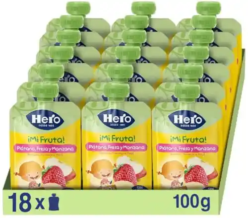 Pack de 18 bolsitas de 100g Hero con Plátano, Fresa y Manzana, para bebés