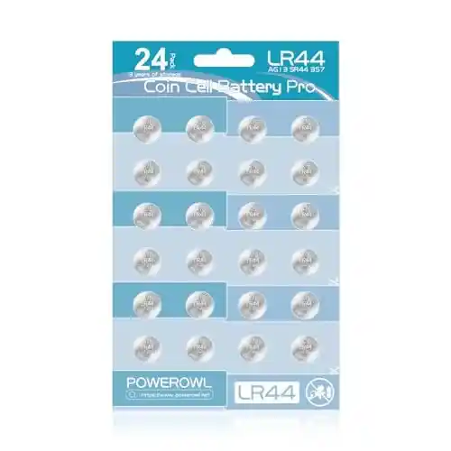Pack de 24 pilas botón alcalinas POWEROWL LR44 (AG13) 1.5V para relojes