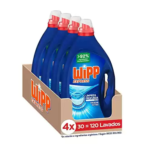 Pack de 4 botellas de Wipp Express Limpieza Profunda Plus Frescor Activo Detergente para Ropa,  Total 120 lavados