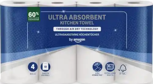 Pack de 4 rollos de cocina by Amazon TAD Ultraabsorbente (51 hojas/rollo)