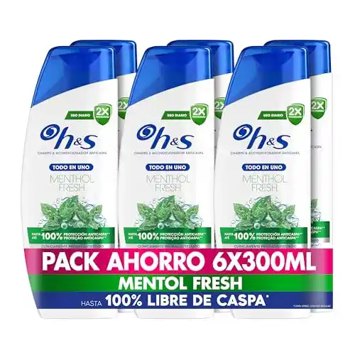 Pack de 6 x 300 ml H&S Menthol Fresh Champú y Acondicionador Anticaspa Todo en Uno