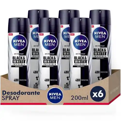 Pack de 6x NIVEA Black & White Invisible Original Spray Desodorante