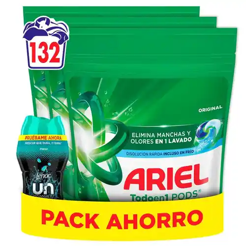 Pack de detergente Ariel Pods Original (132 lavados) con Perlas Fresh (150g)
