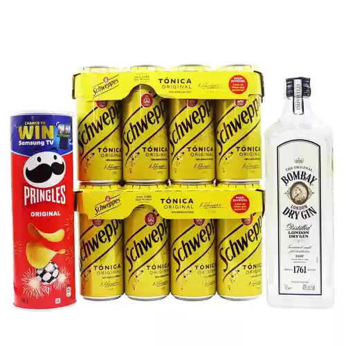 Pack Ginebra Bombay London Gin 1L + 16x Tónica schweppes + Pringles original