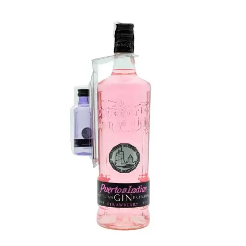 Pack Ginebra Puerto de Indias Strawberry Premium 1 Litro + Regalo Mini Botella Gin Degustación Mora 5 cl