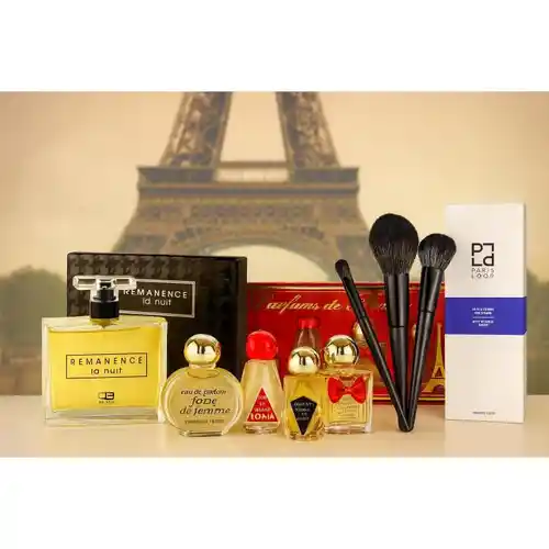 Pack Regalo San Valentín - 5 Mini perfumes Charrier + Perfume Frances QG Paris 100 ml + Set de 8 Brochas de maquillaje profesional + 8 Discos desmaquillantes Algodón reutilizables