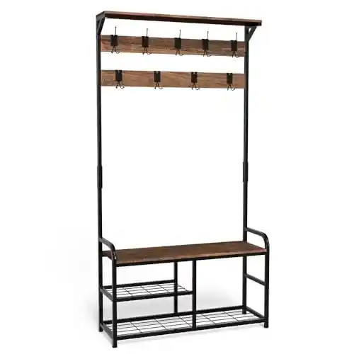 Perchero de pie VOUNOT con zapatero y banco (185x85x33cm) estilo industrial