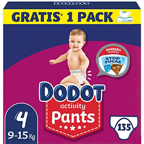 ¡PRIME DAY! Dodot Pañales Bebé Activity Pants Talla 4 (9-15 kg), 135 Pañales + 1 Pack de 48 Toallitas Dodot Aqua Pure de Regalo