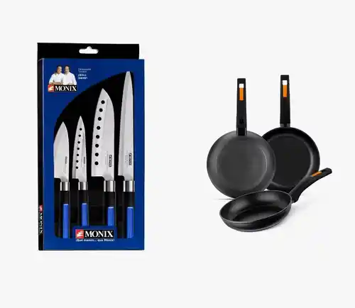 Set Monix 3 sartenes 18+22+26cm + 4 Cuchillos de Cocina Japoneses