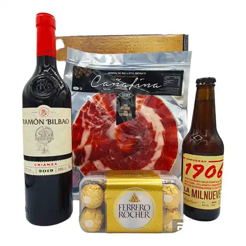 SOLO HOY! Cesta Regalo Jamon Bellota + Vino Ramon Bilbao Crianza + Bombones Ferrero Rocher + Cerveza 1906 - Regalo Ideal Dia del Padre