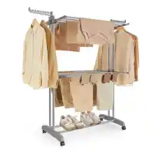 Tendedero plegable de 2 niveles con ruedas y alas plegables