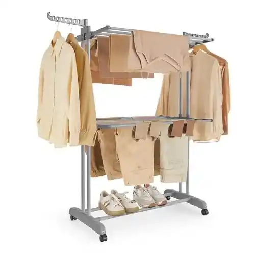 Tendedero plegable de 2 niveles con ruedas y alas plegables